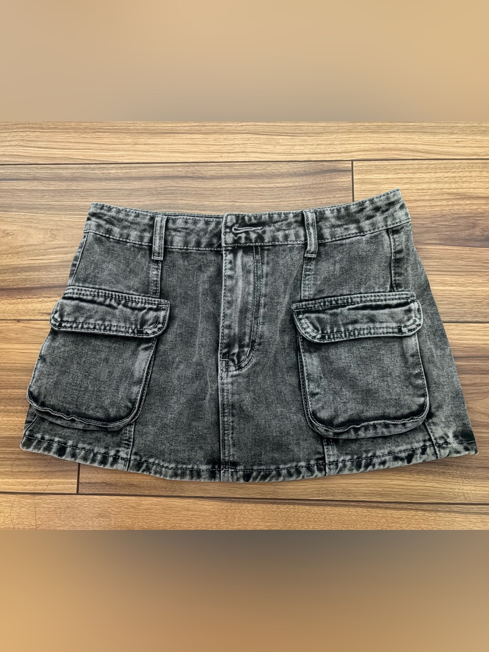 Wash Black Denim Cargo Mini Shorts